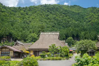 A traditional thatched-roof house sits among greenery, with other similar buildings nearby and a lush forested mountain rising in the background under a partly cloudy sky.