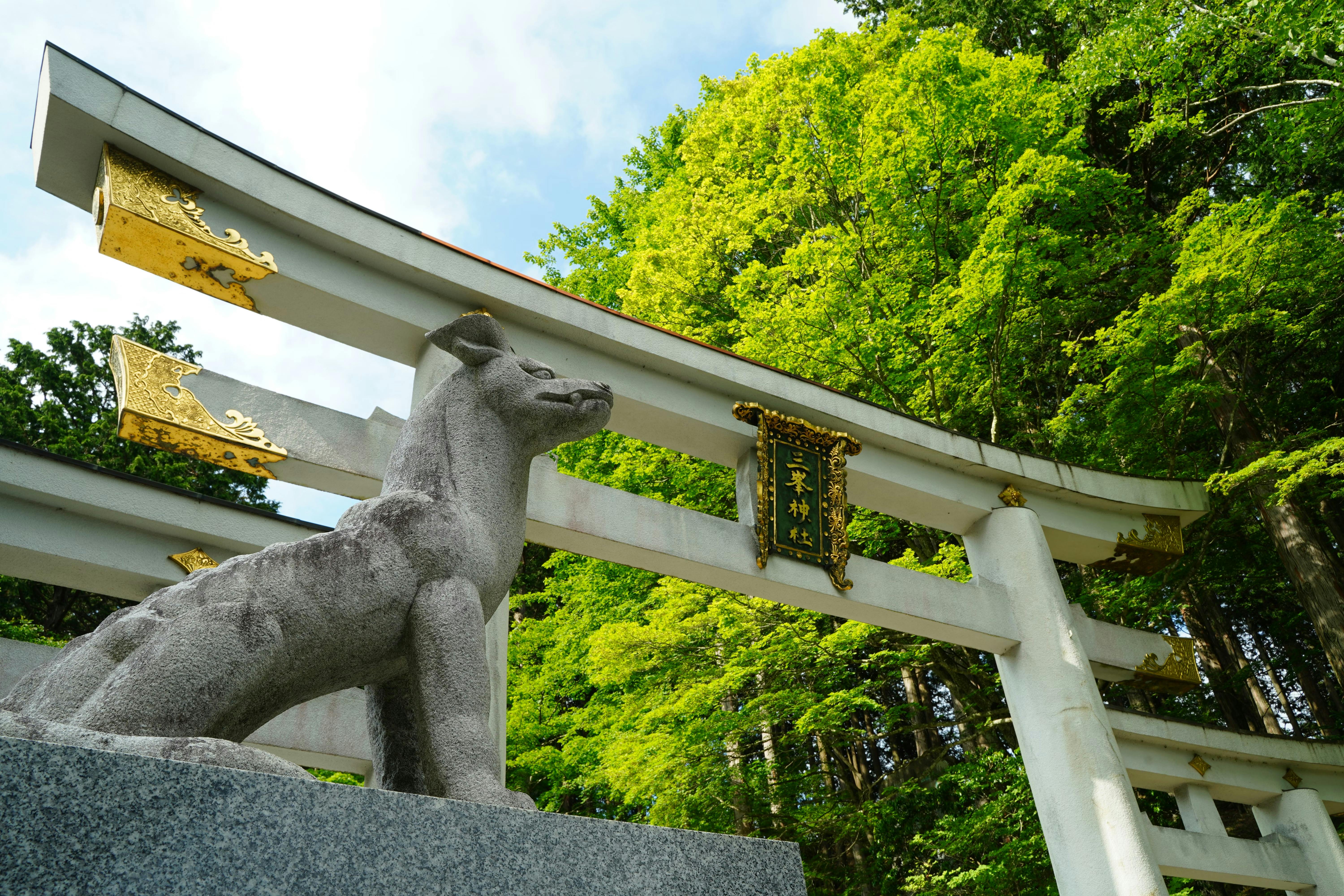 A stone fox statue sits in front of a traditional Japanese torii gate with gold accents, surrounded by lush green trees and a blue sky in the background.