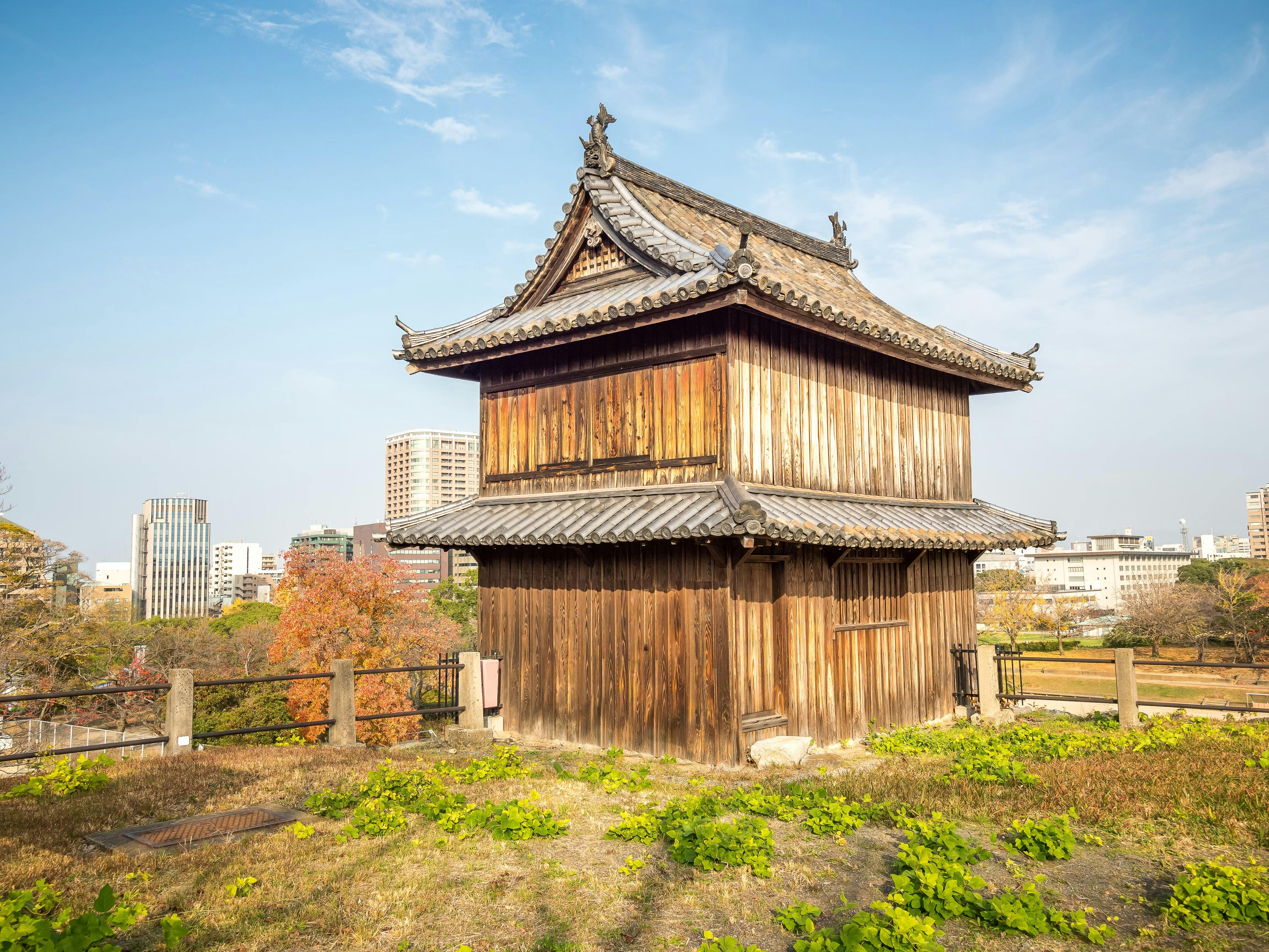 A traditional wooden Japanese building with a tiled roof stands on a grassy area, with modern city buildings and trees visible in the background under a clear blue sky.