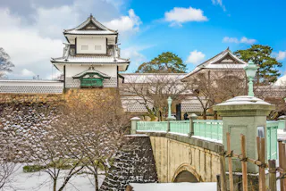 A traditional Japanese castle with white walls and tiled roofs stands behind a stone wall, next to a bridge with green railings. Snow lightly covers the ground, trees, and buildings under a bright blue sky.