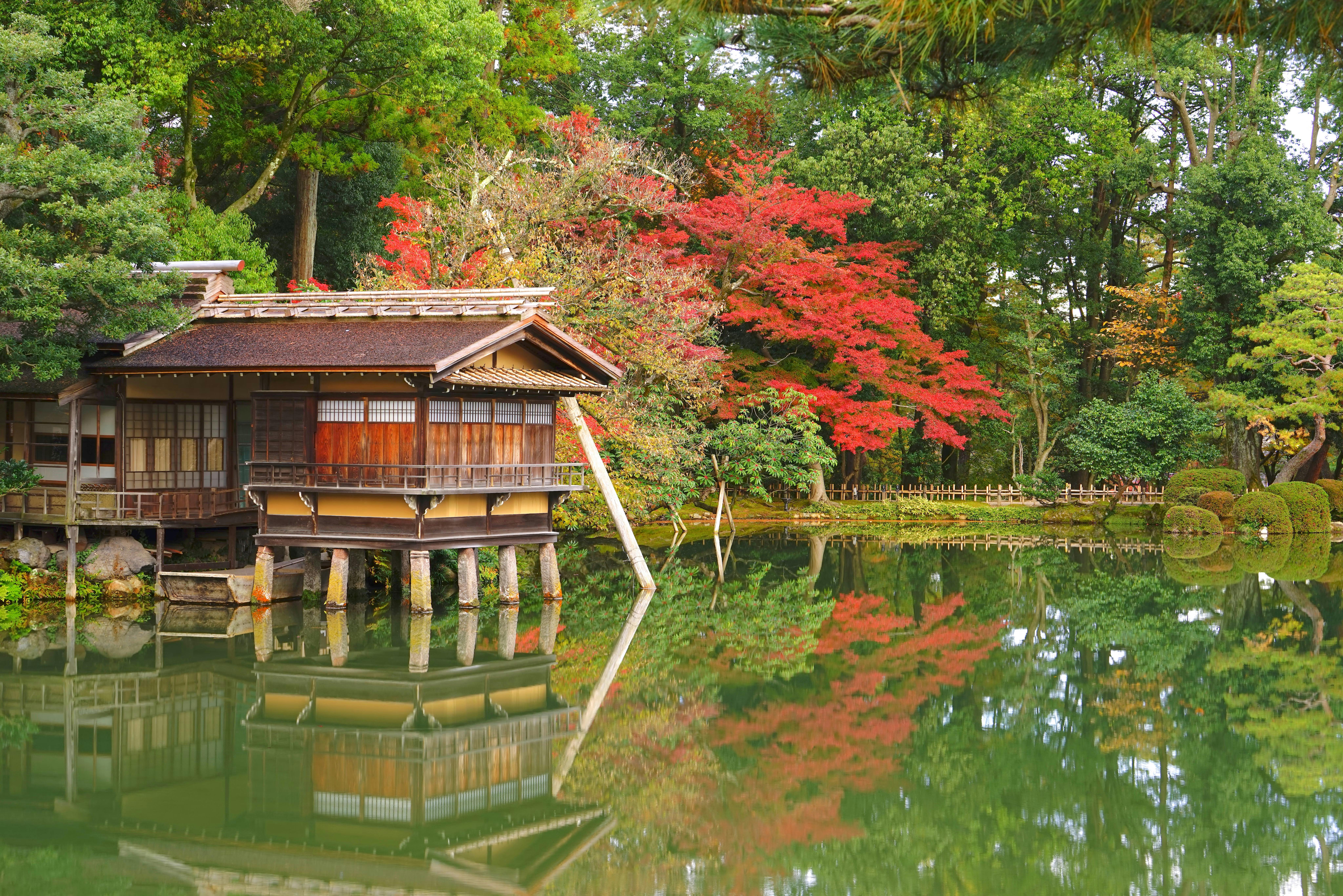 A traditional wooden house on stilts stands by a calm pond, surrounded by lush green trees and vibrant red autumn foliage, all reflected in the water.