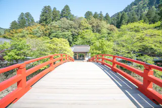 A bright red wooden bridge arches over a stream, leading to a small traditional building surrounded by lush green trees and forested hills under a clear blue sky.