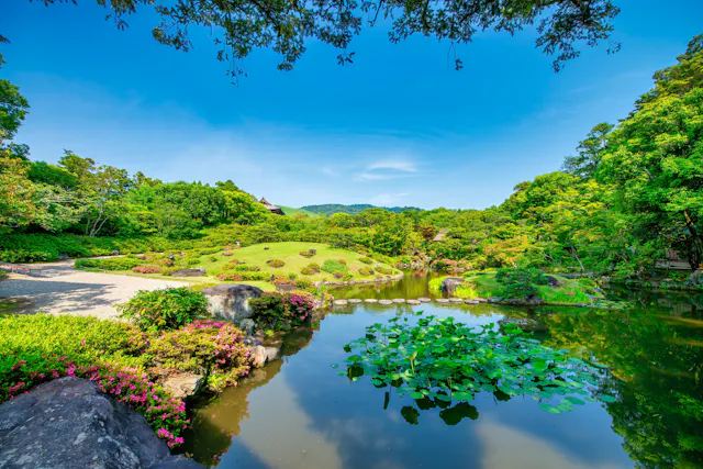 A serene Japanese garden with a pond featuring water lilies, trimmed bushes, blooming flowers, rocks, and lush green trees under a bright blue sky with distant hills in the background.