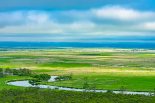 A wide, lush green marshland with a winding river running through it, under a cloudy blue sky with distant hills in the background.