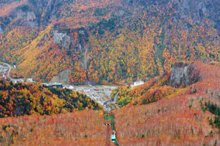 Aerial view of a lush mountain valley in autumn, with vibrant red, orange, and yellow foliage. A cable car travels up the hillside toward a small settlement surrounded by colorful trees.