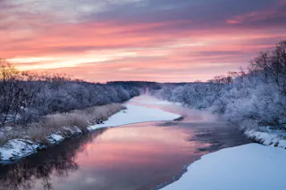 A partially frozen river winds through snow-covered banks and frosty trees, reflecting a vibrant pink and purple sunset sky in winter.
