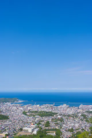 Aerial view of a coastal city with dense buildings and greenery under a bright blue sky, overlooking a calm, expansive ocean on the horizon.