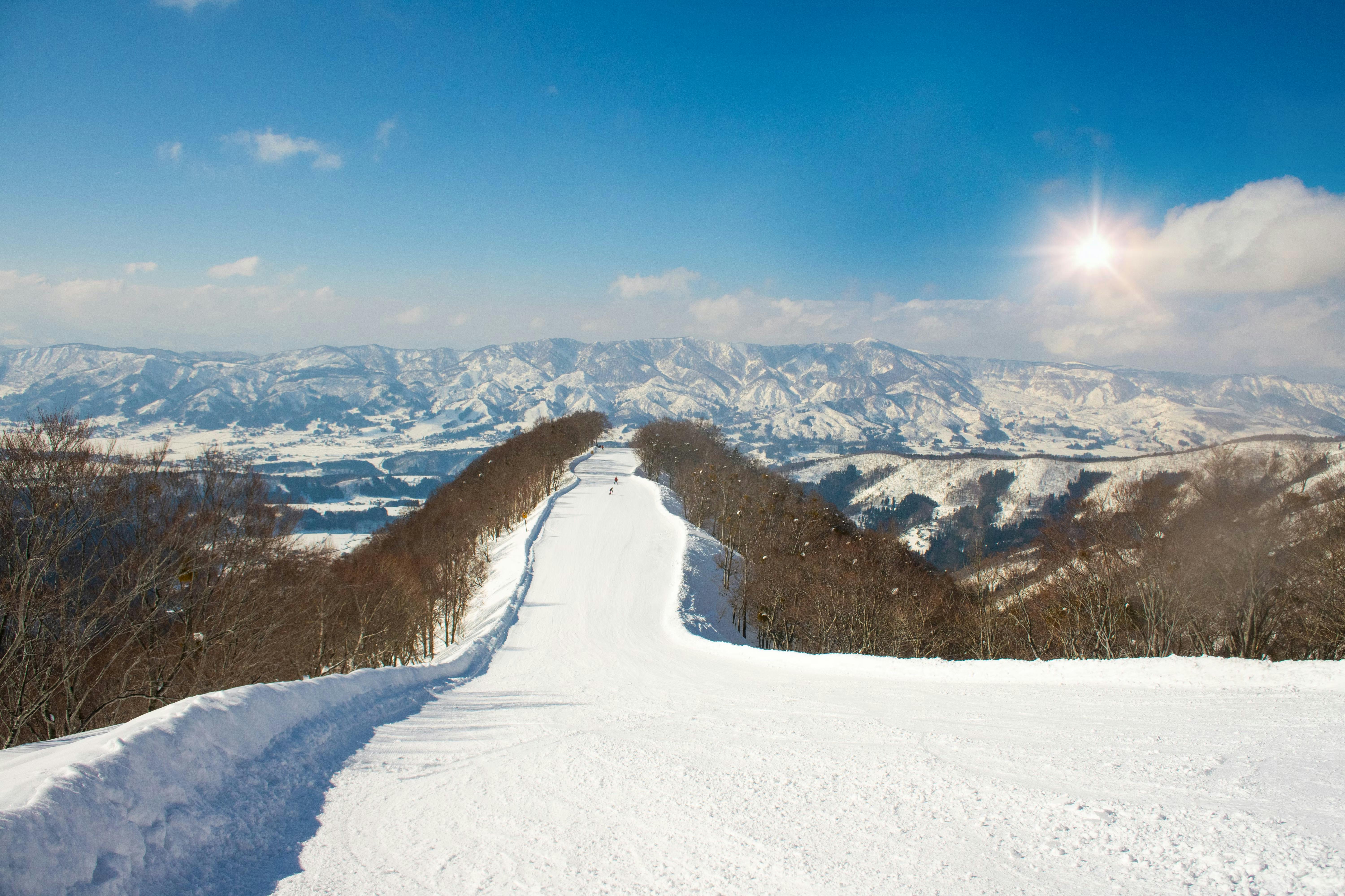 A wide, snow-covered ski slope stretches into the distance, flanked by bare trees, with snow-capped mountains and a bright sun in a blue sky in the background.