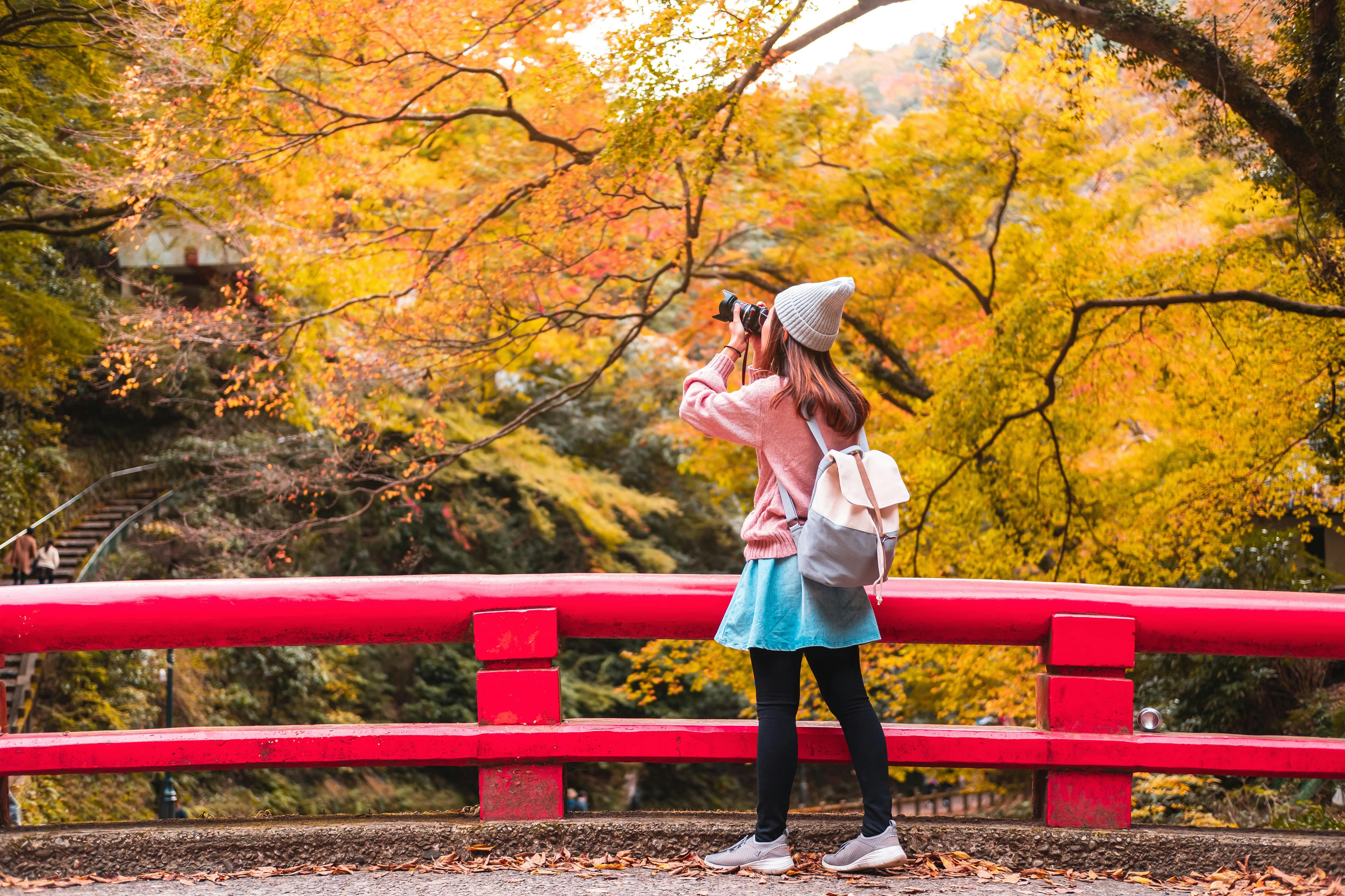 A woman wearing a pink sweater, blue skirt, and gray beanie takes a photo with a camera on a red bridge, surrounded by vibrant autumn trees with yellow and orange leaves.