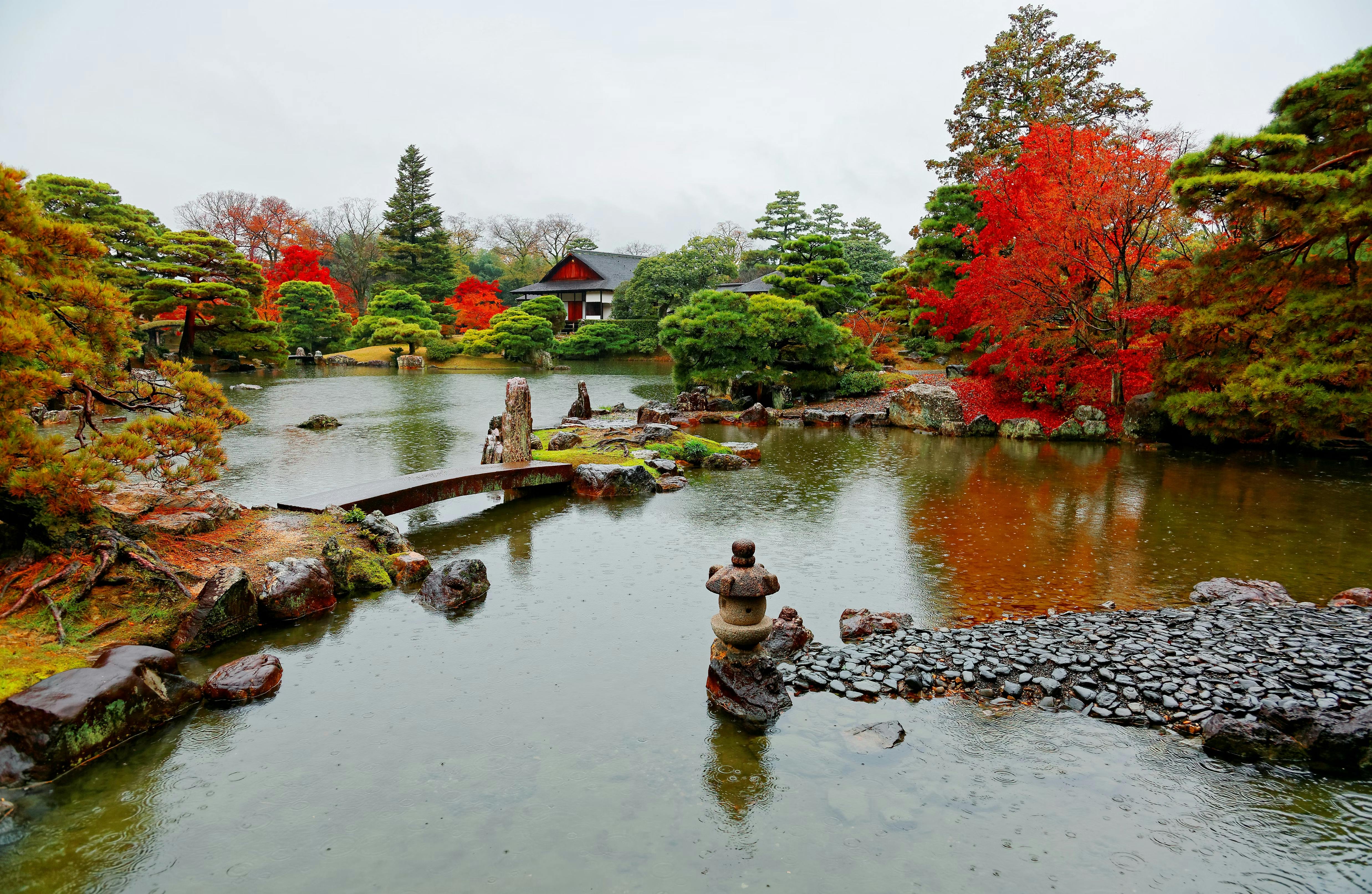 A serene Japanese garden with a pond, stone lantern, arched stone path, lush green trees, and vibrant red autumn foliage. A traditional building stands in the background among the trees.