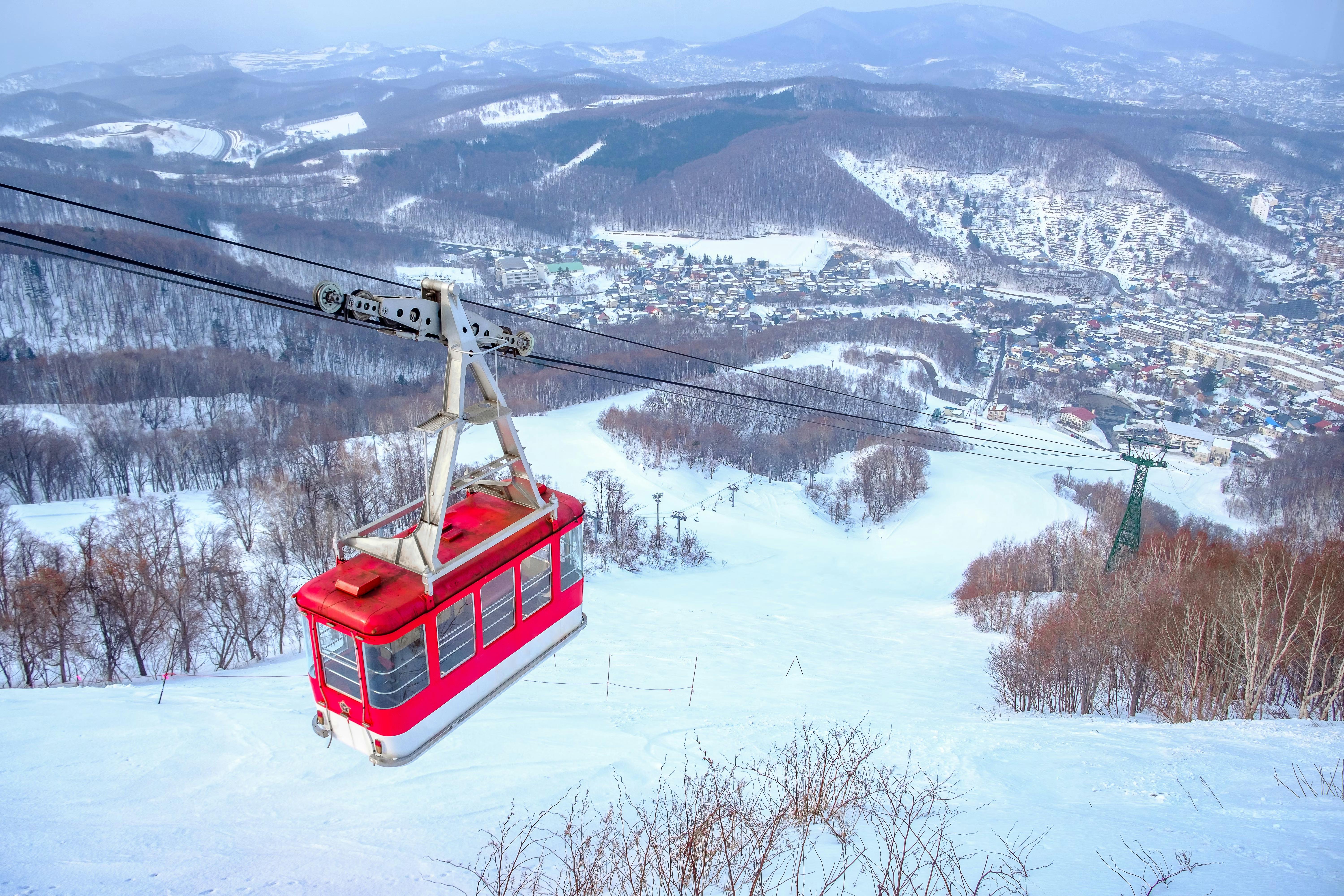 A red cable car travels up a snowy mountain with leafless trees, overlooking a town and forested hills covered in snow under a cloudy sky.
