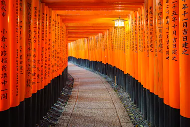 A curved stone path passes through rows of vibrant orange torii gates with black bases, each covered in Japanese inscriptions, at Fushimi Inari Shrine in Kyoto, Japan. A single lantern hangs above the path.