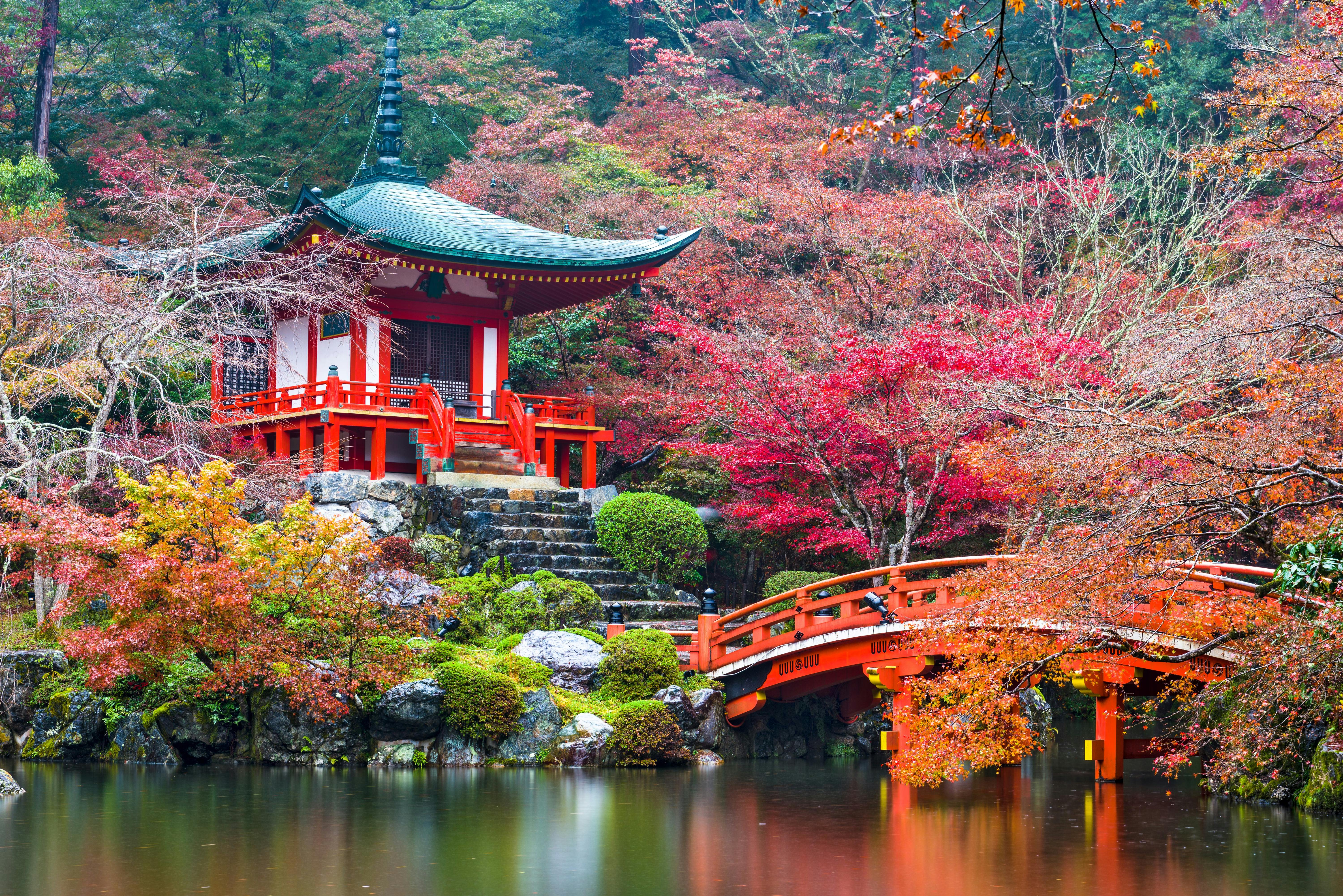 A traditional Japanese pagoda and vibrant red arched bridge are surrounded by colorful autumn trees and reflected in a calm pond, creating a serene garden scene.