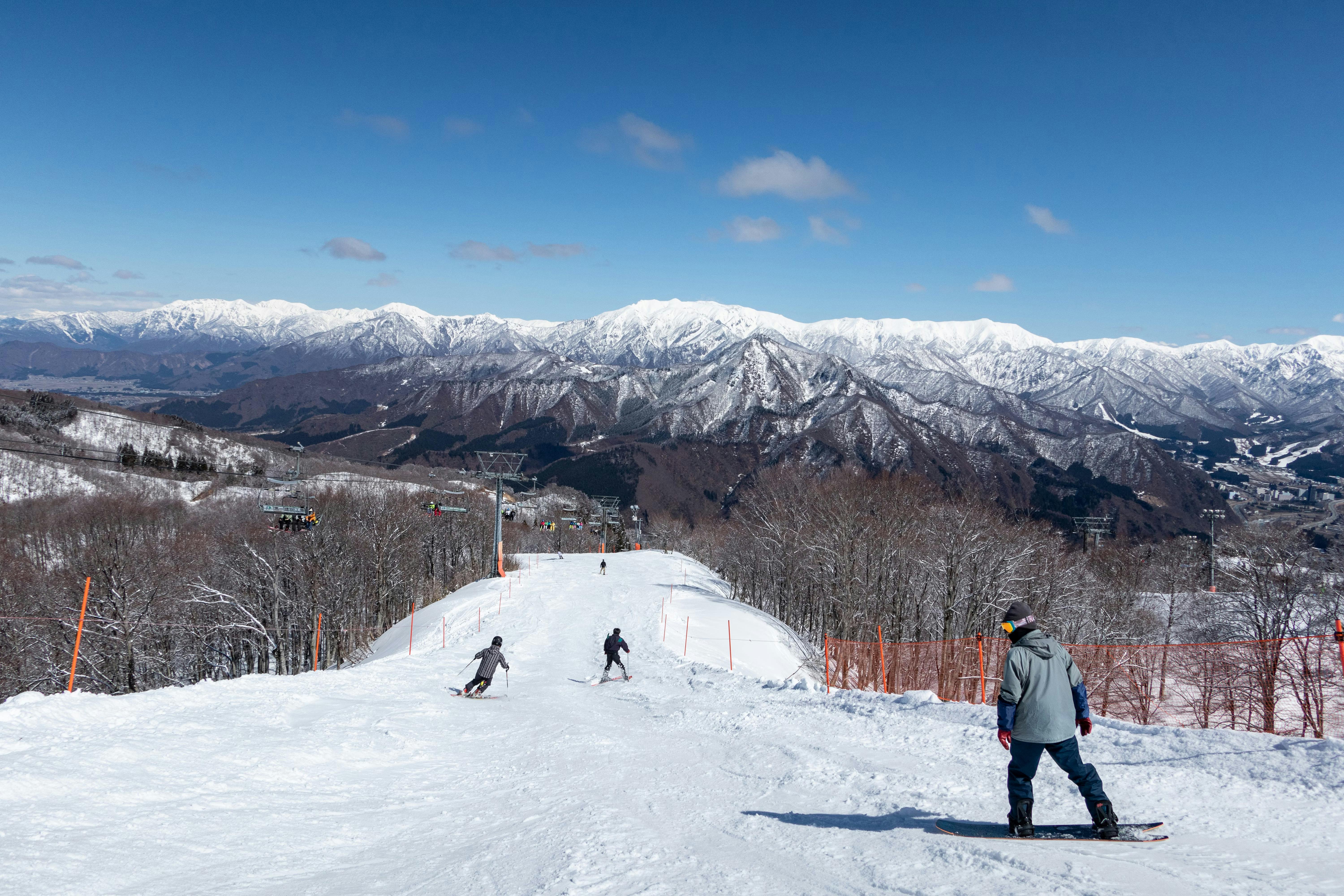 Several people ski and snowboard down a snowy mountain slope, surrounded by snow-covered trees and tall mountains in the background under a clear blue sky.