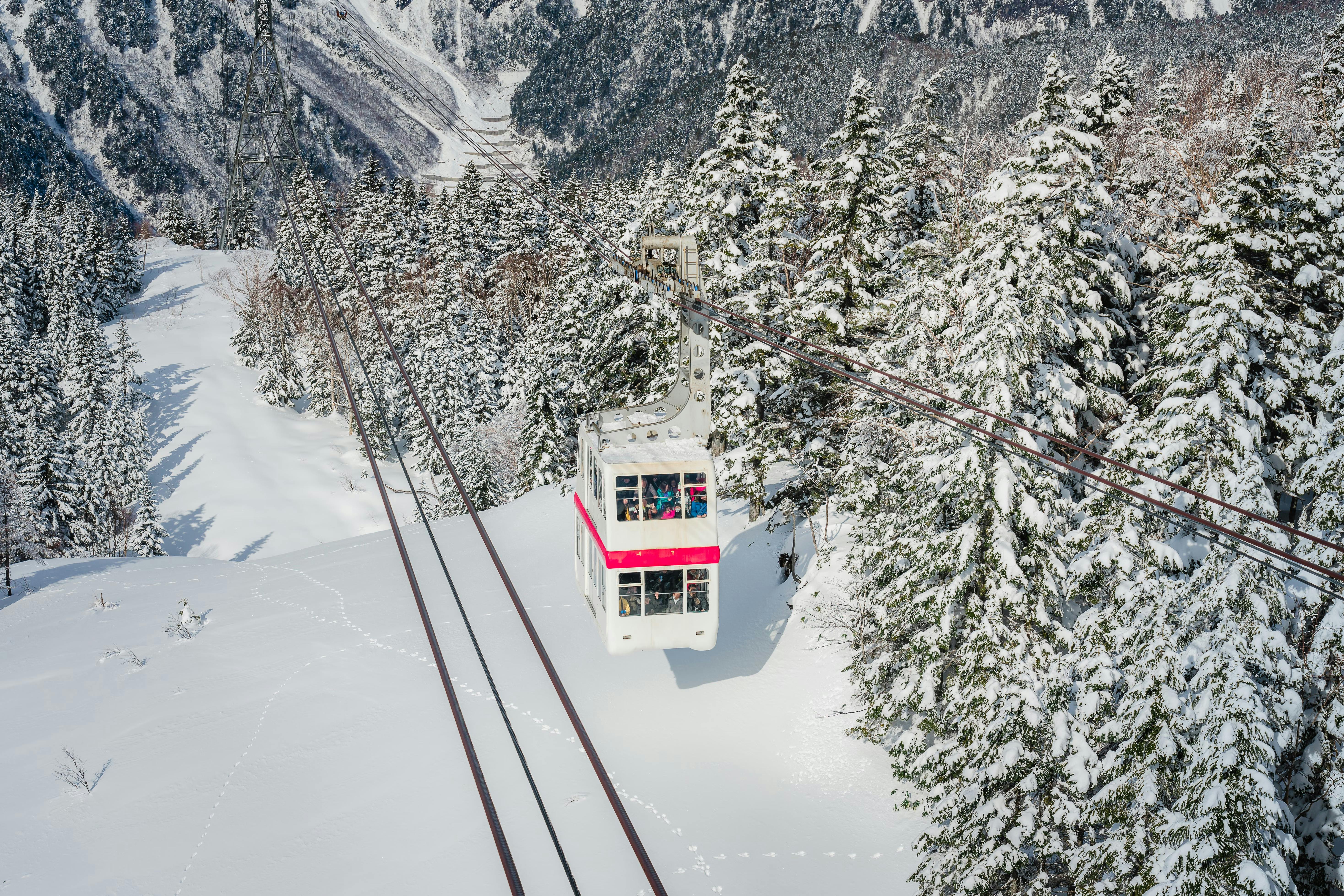 An aerial cable car travels over a snowy mountain landscape, surrounded by pine trees covered in snow, with distant peaks in the background.