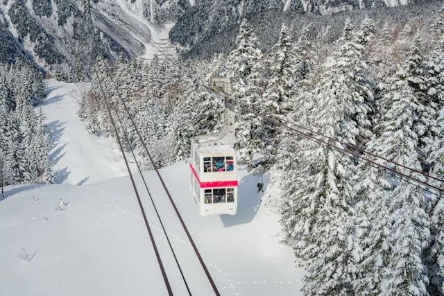 An aerial cable car travels over a snowy mountain landscape, surrounded by pine trees covered in snow, with distant peaks in the background.