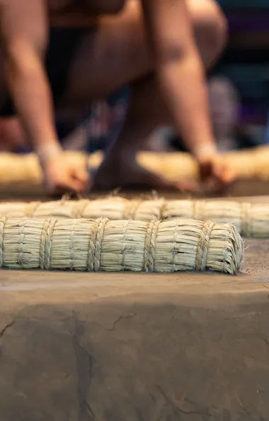Sumo Wrestling Ring Close-up of a sumo wrestling ring made of clay with straw bales marking the boundary, with two sumo wrestlers crouched and preparing to engage in the background.