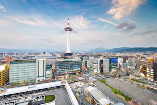 A wide view of Kyoto city with the Kyoto Tower in the center, surrounded by modern buildings, streets, and distant mountains under a partly cloudy sky at sunset.