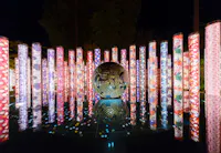 A nighttime scene featuring a large, illuminated sphere with gold dragon designs surrounded by tall, glowing pillars decorated with colorful floral and patterned designs, all reflected on a glossy surface.