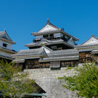 Matsuyama Castle A traditional Japanese castle with white walls, dark tiled roofs, and wooden accents stands behind a stone wall, surrounded by green trees under a clear blue sky.