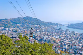 A cable car travels above a city with clustered buildings, green hills, and a winding river in the background under a clear blue sky.