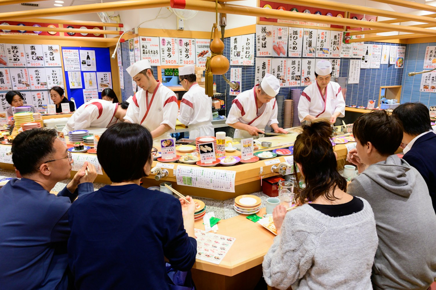 Inside view of conveyor belt sushi restaurant in Fukuoka