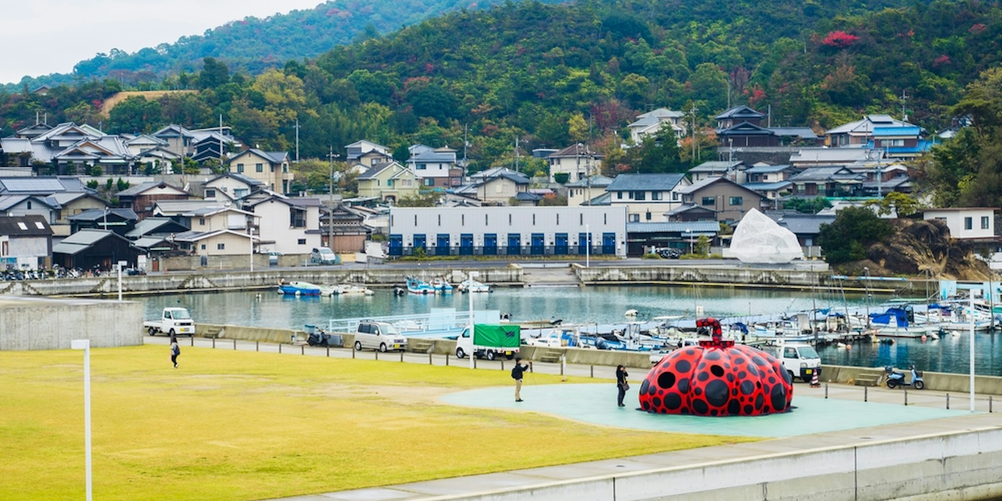 Yayoi Kasuma Pumpkin Art at Miyanoura Port Naoshima island Yayoi Kasuma Pumpkin Art at Miyanoura Port Naoshima island