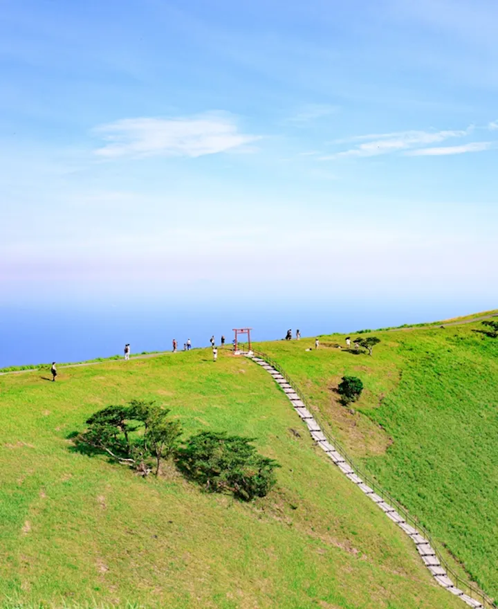 Verdant Crater of Mount Omuro Overlooking the Sea in Japan Verdant Crater of Mount Omuro Overlooking the Sea in Japan
