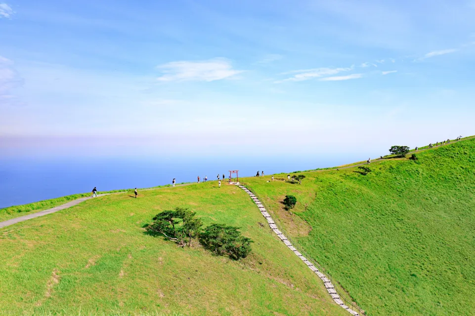Verdant Crater of Mount Omuro Overlooking the Sea in Japan Verdant Crater of Mount Omuro Overlooking the Sea in Japan
