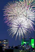Large, colorful fireworks burst in the night sky above a cityscape with tall buildings, some lit in green and white lights. The sky is dark blue, and the fireworks dominate the upper part of the image.