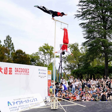 Daidogei World Cup A large crowd watches as two acrobats perform; one hangs upside down on a tall pole while the other is captured mid-air in a dramatic leap above them, set outdoors with trees in the background.