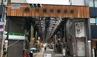 A covered shopping street entrance in Japan, with a large wooden sign overhead. People walk under umbrellas on the street, and small shops line both sides under the tall, metal-framed canopy.