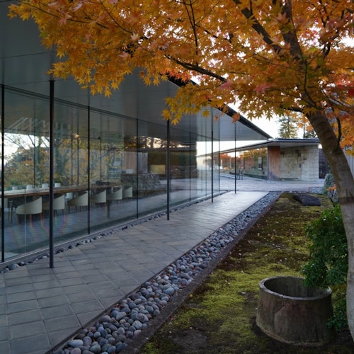 Enoura Observatory Modern glass-walled building with a long dining table inside, surrounded by autumn trees with orange leaves and a stone path outside. The scene is tranquil and reflective.