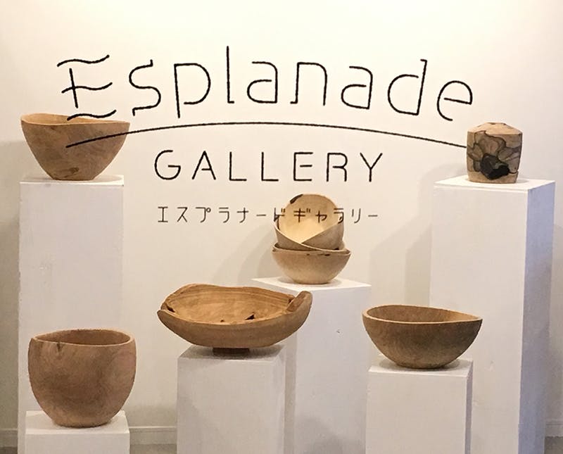 A display of six handcrafted wooden bowls on white pedestals, set against a wall with the text "Esplanade Gallery" and Japanese characters written below it.