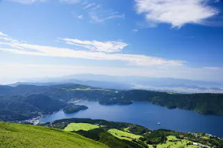 Scenic view of a blue lake surrounded by lush green hills and mountains under a partly cloudy sky, with a distant city visible on the horizon.