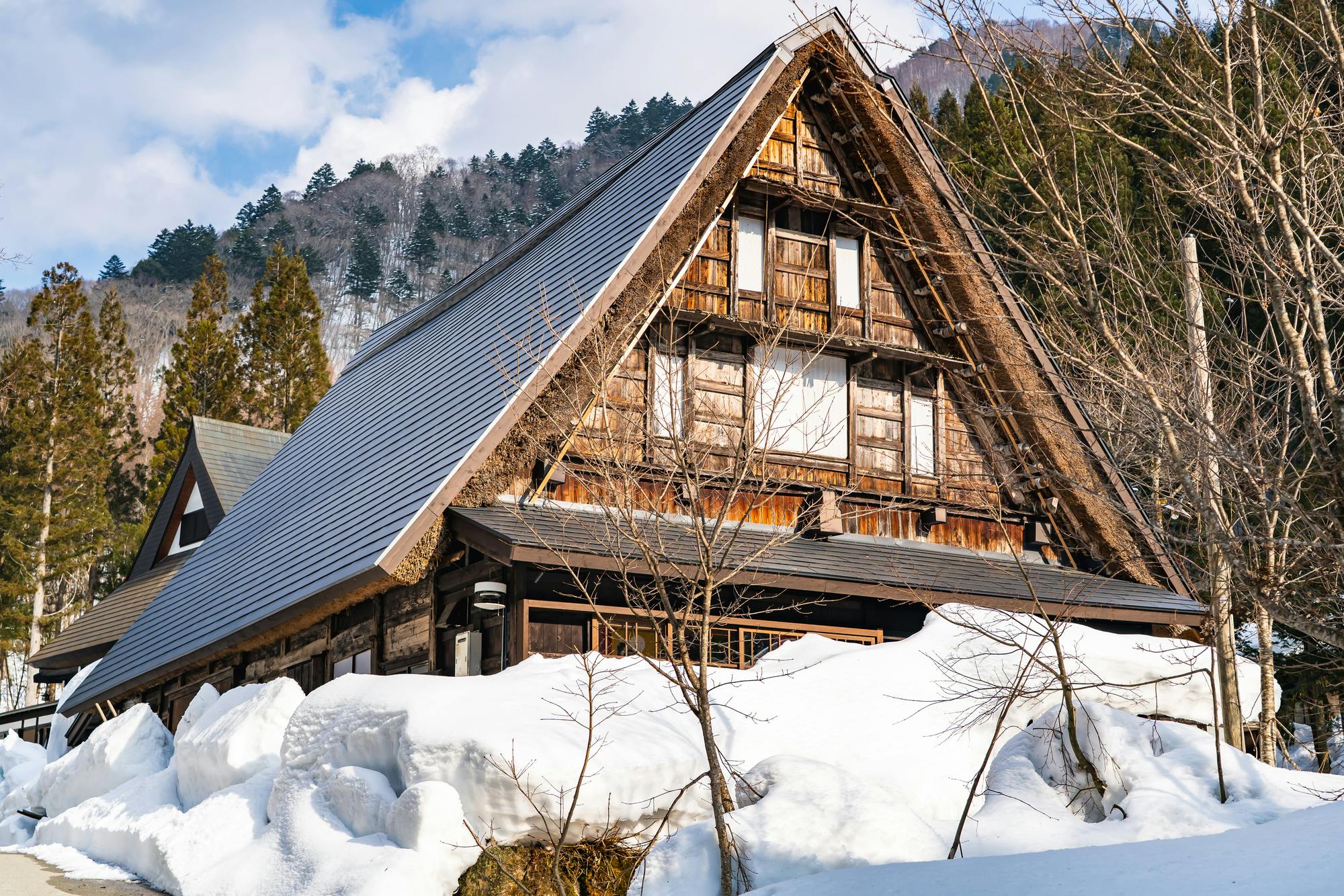 A traditional wooden house with a steep thatched roof stands surrounded by deep snow and bare trees, with forested mountains in the background under a partly cloudy sky.