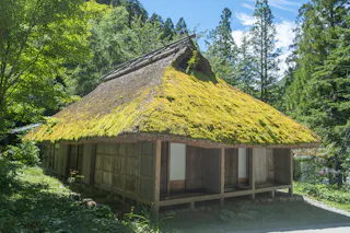 A traditional Japanese house with a thick, moss-covered thatched roof stands surrounded by tall green trees and bathed in sunlight. Sliding doors are open, revealing the wooden interior.