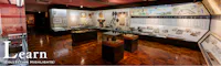 A museum exhibit room with glass display cases holding artifacts, documents, and photos. Informational panels and historical items are showcased on walls and in cabinets. The word "Learn" appears in large text at the bottom left.