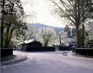 A quiet street curves past traditional Japanese wooden houses and blooming trees, with mountains and a soft sky in the background. The scene is tranquil and surrounded by nature.
