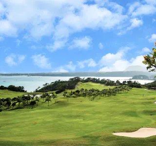 A scenic view of a lush green golf course with palm trees, sand bunkers, and a distant body of water under a blue sky with scattered clouds. Hills and vegetation line the horizon.