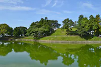 A grassy, tree-covered hill is surrounded by a calm, greenish pond that reflects the hill and blue sky with wispy clouds. A wooden fence lines the edge of the hill.