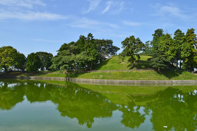 A grassy, tree-covered hill is surrounded by a calm, greenish pond that reflects the hill and blue sky with wispy clouds. A wooden fence lines the edge of the hill.