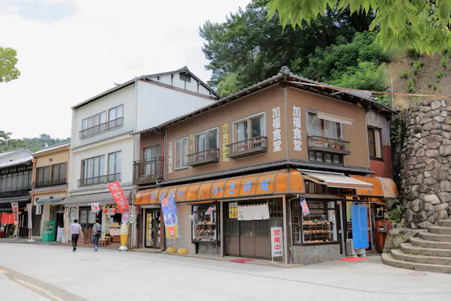 A street view of traditional Japanese buildings with shops on the ground floor, signage in Japanese, glass display windows, and a person walking in front. Trees and a stone wall are visible in the background.
