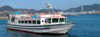 A white passenger ferry with orange and blue accents sails on calm blue water near a coastal city with green hills and tall buildings in the background under a clear sky.
