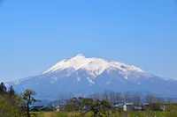 Snow-capped mountain under a clear blue sky, with leafless trees and a few buildings in the foreground.