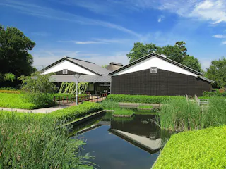 A traditional Japanese building with dark wooden walls sits beside a pond surrounded by lush green plants and trees under a clear blue sky. A wooden bridge crosses the water in front of the building.
