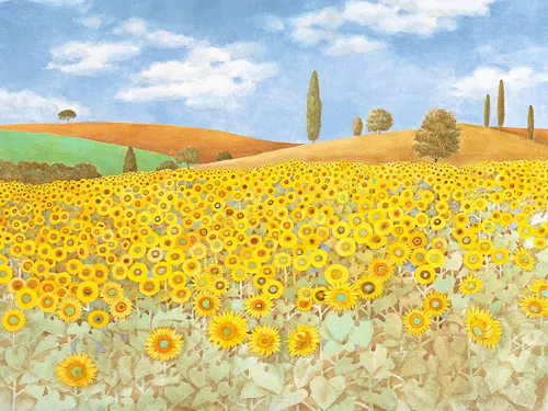 Narukawa Art Museum A vibrant field of sunflowers stretches across rolling hills under a blue sky with white clouds. Green and brown hills, scattered trees, and tall cypress trees appear in the background.