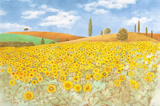 A vibrant field of sunflowers stretches across rolling hills under a blue sky with white clouds. Green and brown hills, scattered trees, and tall cypress trees appear in the background.