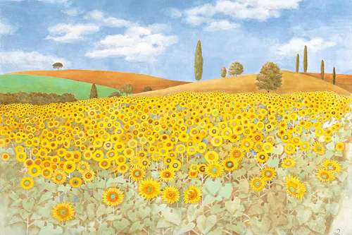 A vibrant field of sunflowers stretches across rolling hills under a blue sky with white clouds. Green and brown hills, scattered trees, and tall cypress trees appear in the background.