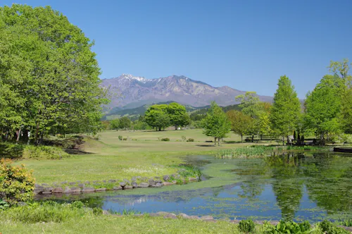 A scenic landscape with a pond surrounded by green grass and trees, under a clear blue sky. Snow-capped mountains rise in the background, and lush greenery fills the peaceful scene.